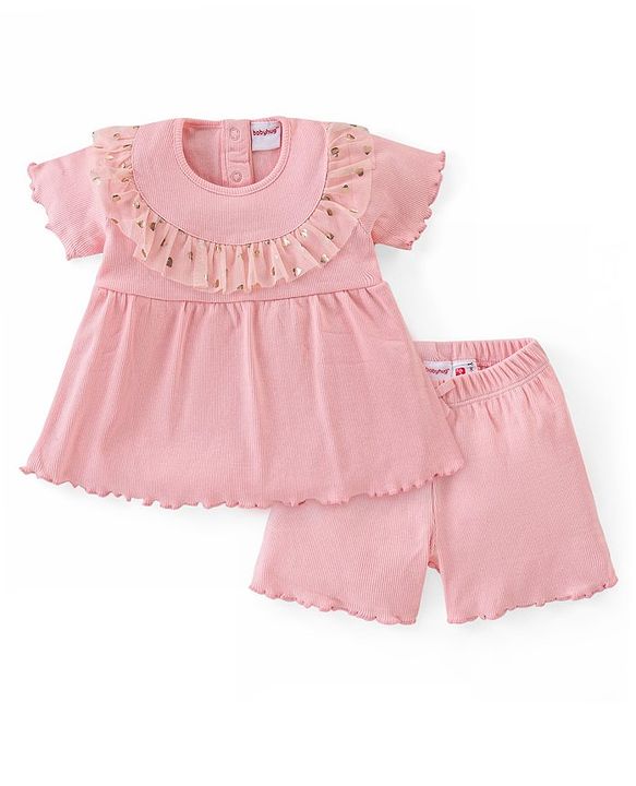 Babyhug Cotton Knit Half Sleeves Top & Shorts Set With Frill Detailing - Pink