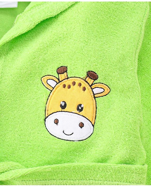 Babyhug Cotton Terry Knit Full Sleeves Hooded Bath Robe with Pocket Cow Embroidery - Green
