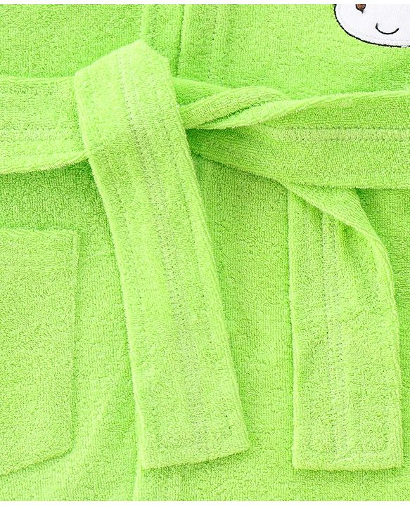 Babyhug Cotton Terry Knit Full Sleeves Hooded Bath Robe with Pocket Cow Embroidery - Green