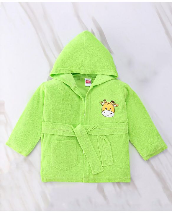 Babyhug Cotton Terry Knit Full Sleeves Hooded Bath Robe with Pocket Cow Embroidery - Green