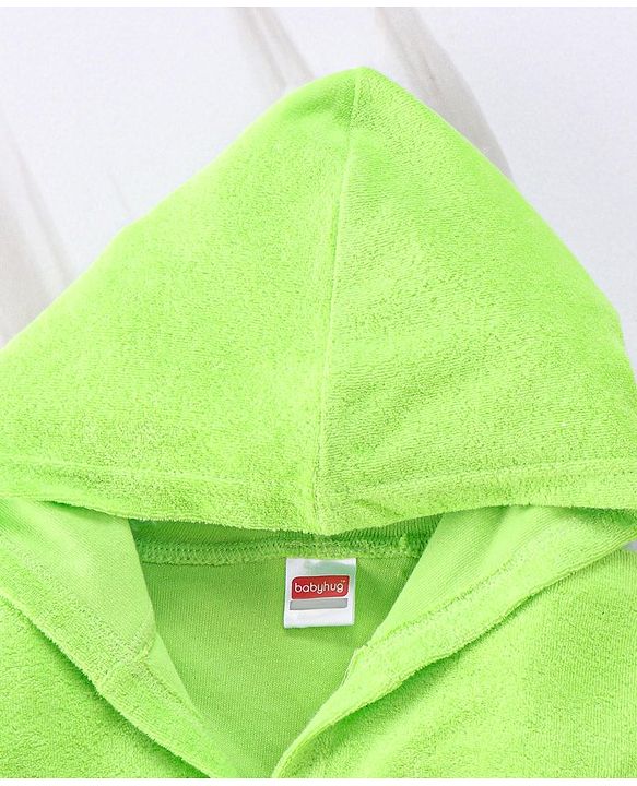 Babyhug Cotton Terry Knit Full Sleeves Hooded Bath Robe with Pocket Cow Embroidery - Green