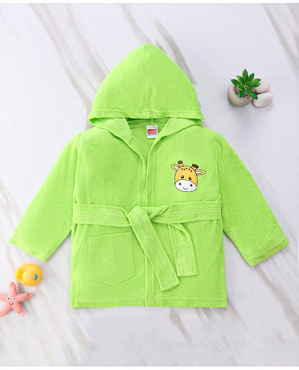 Babyhug Cotton Terry Knit Full Sleeves Hooded Bath Robe with Pocket Cow Embroidery - Green