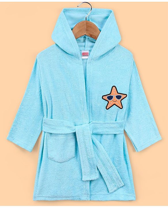 Babyhug  Cotton Terry Knit Full Sleeves Hooded Bath Robe with Pocket Star Fish Embroidery - Blue