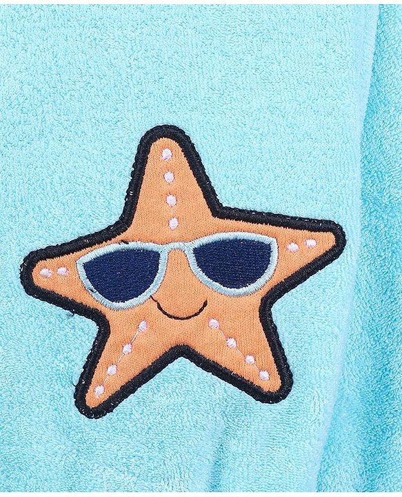 Babyhug  Cotton Terry Knit Full Sleeves Hooded Bath Robe with Pocket Star Fish Embroidery - Blue