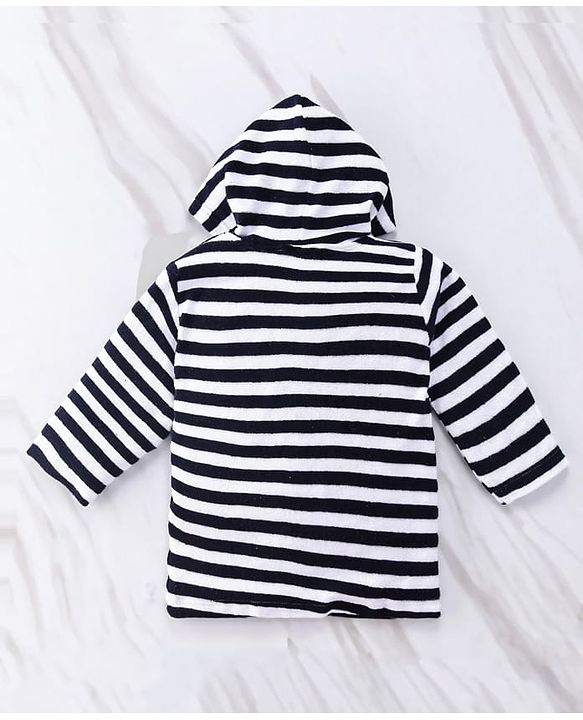 Babyhug Cotton Terry Knit Full Sleeves Striped  Hooded Bath Robe with Car Embroidery - White & Black