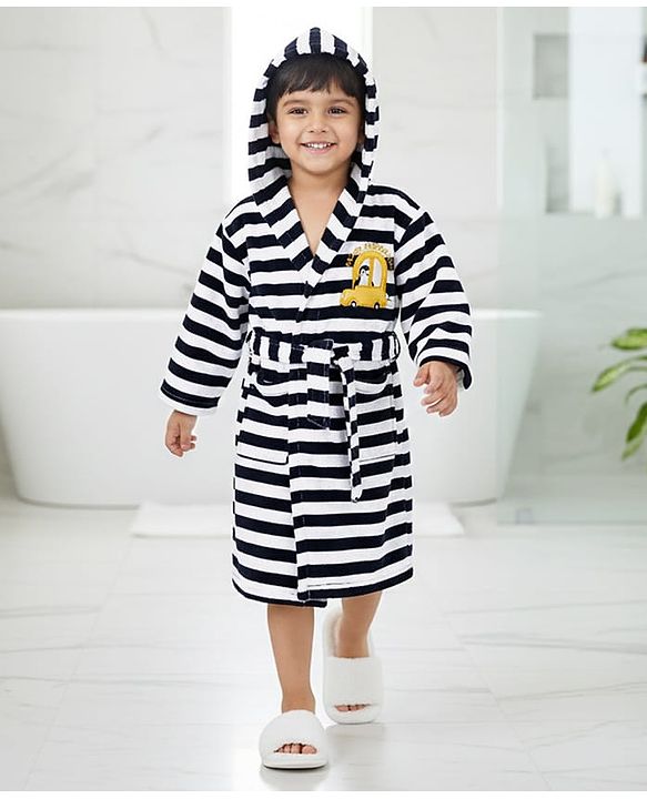 Babyhug Cotton Terry Knit Full Sleeves Striped  Hooded Bath Robe with Car Embroidery - White & Black