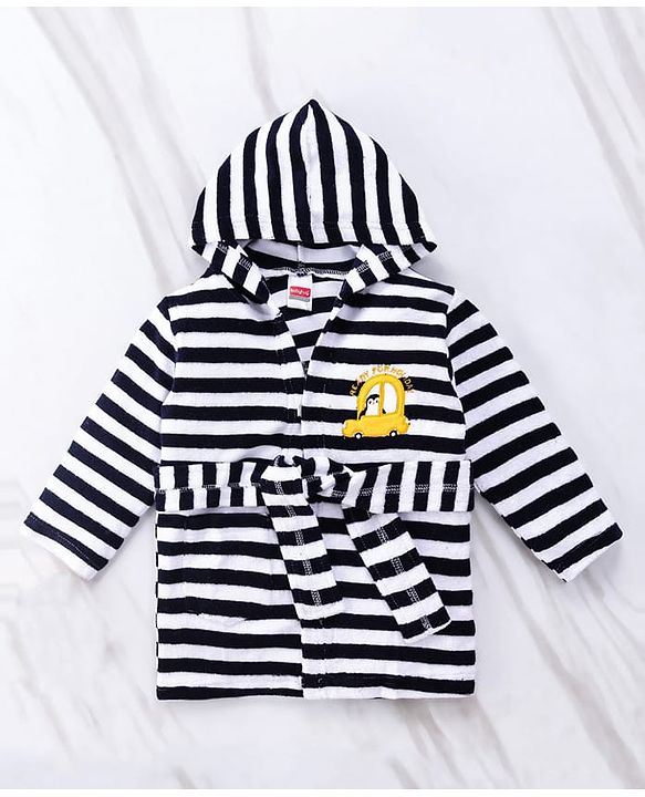 Babyhug Cotton Terry Knit Full Sleeves Striped  Hooded Bath Robe with Car Embroidery - White & Black