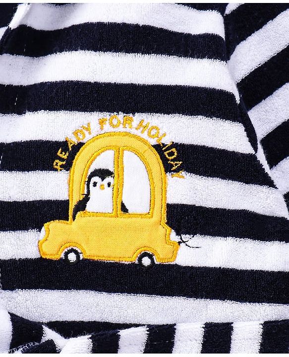 Babyhug Cotton Terry Knit Full Sleeves Striped  Hooded Bath Robe with Car Embroidery - White & Black