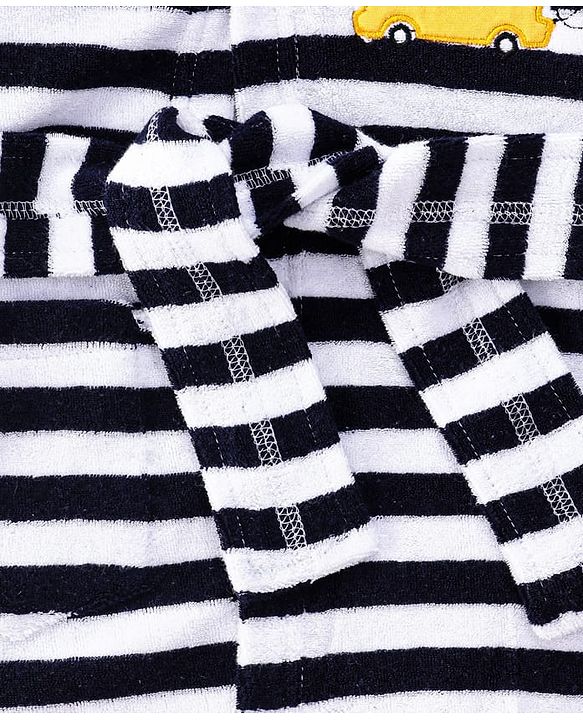 Babyhug Cotton Terry Knit Full Sleeves Striped  Hooded Bath Robe with Car Embroidery - White & Black