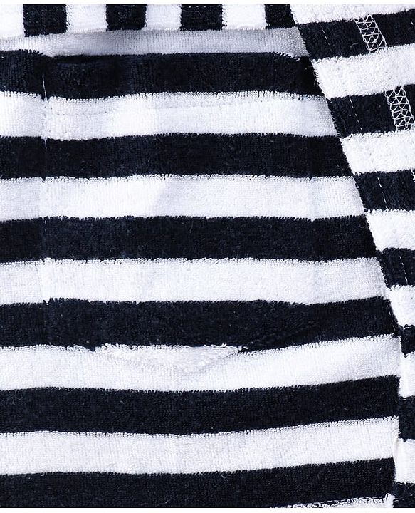 Babyhug Cotton Terry Knit Full Sleeves Striped  Hooded Bath Robe with Car Embroidery - White & Black