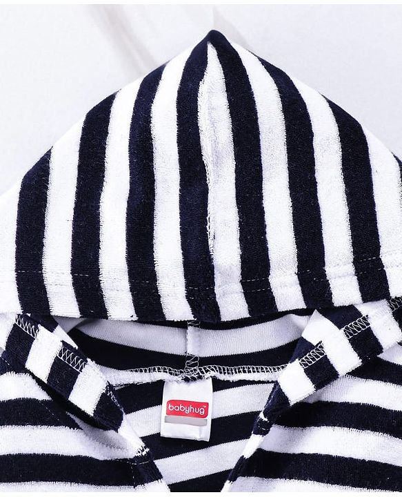 Babyhug Cotton Terry Knit Full Sleeves Striped  Hooded Bath Robe with Car Embroidery - White & Black