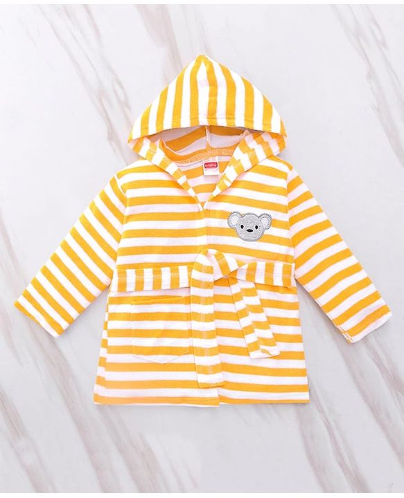 Babyhug Cotton Terry Knit Full Sleeves Striped  Hooded Bath Robe with Teddy Bear Embroidery - Orange