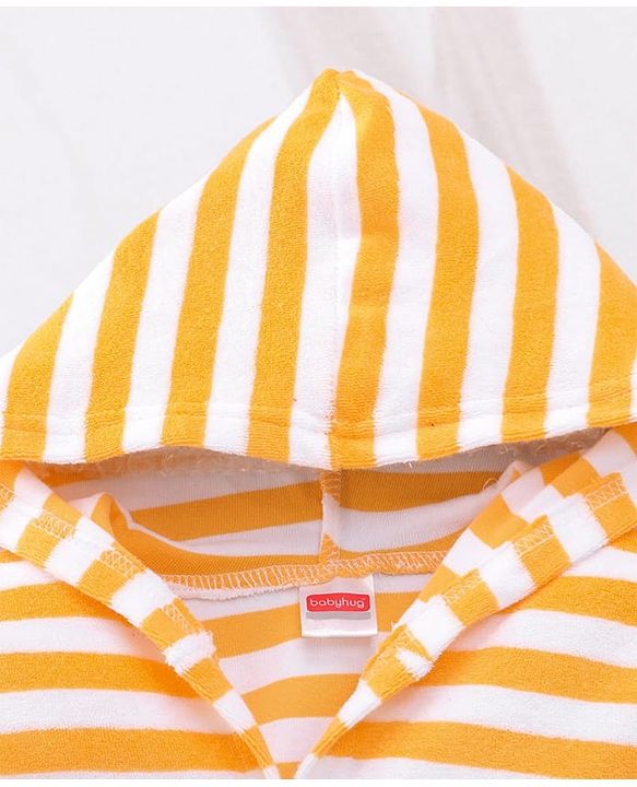 Babyhug Cotton Terry Knit Full Sleeves Striped  Hooded Bath Robe with Teddy Bear Embroidery - Orange