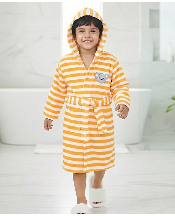 Babyhug Cotton Terry Knit Full Sleeves Striped  Hooded Bath Robe with Teddy Bear Embroidery - Orange