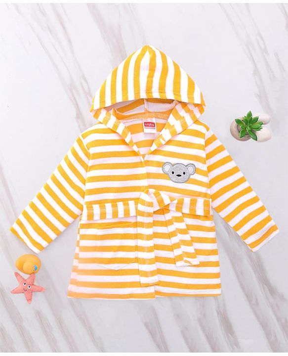 Babyhug Cotton Terry Knit Full Sleeves Striped  Hooded Bath Robe with Teddy Bear Embroidery - Orange