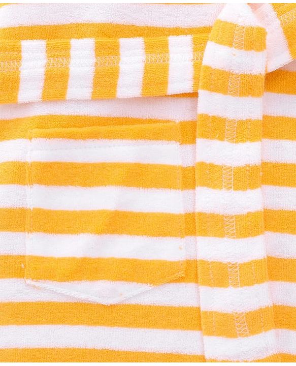 Babyhug Cotton Terry Knit Full Sleeves Striped  Hooded Bath Robe with Teddy Bear Embroidery - Orange