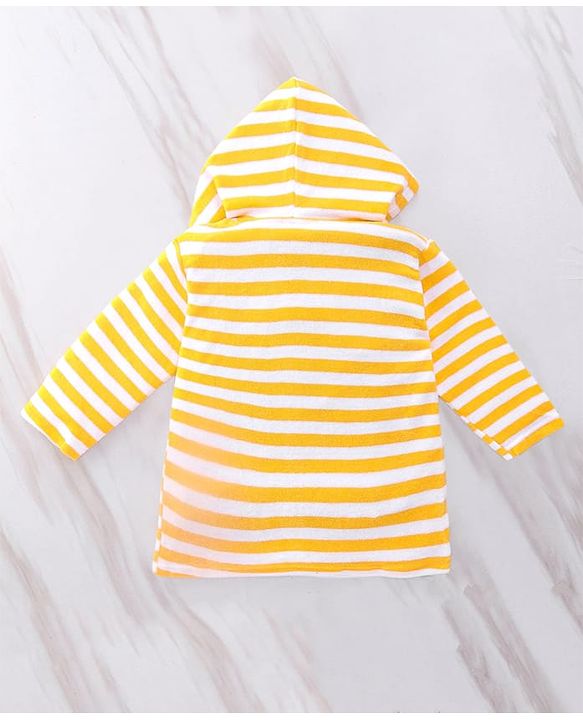 Babyhug Cotton Terry Knit Full Sleeves Striped  Hooded Bath Robe with Teddy Bear Embroidery - Orange