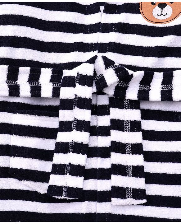 Babyhug Cotton Knit Full Sleeves Striped Hooded Bath Robe With Teddy Patch - Black & White