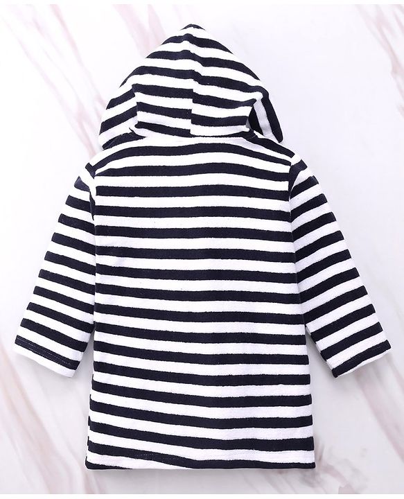 Babyhug Cotton Knit Full Sleeves Striped Hooded Bath Robe With Teddy Patch - Black & White