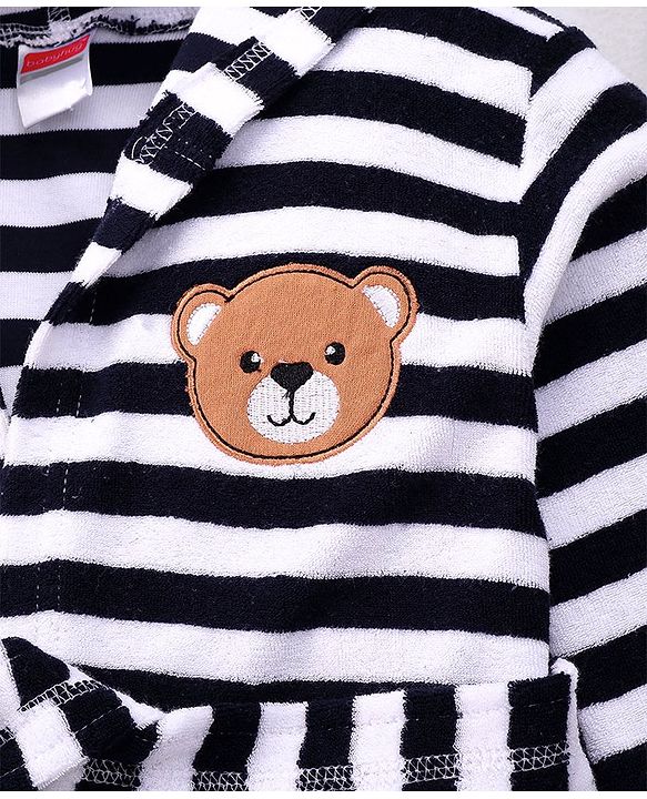 Babyhug Cotton Knit Full Sleeves Striped Hooded Bath Robe With Teddy Patch - Black & White
