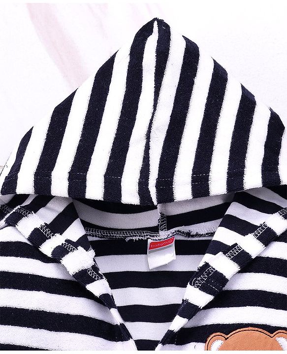 Babyhug Cotton Knit Full Sleeves Striped Hooded Bath Robe With Teddy Patch - Black & White