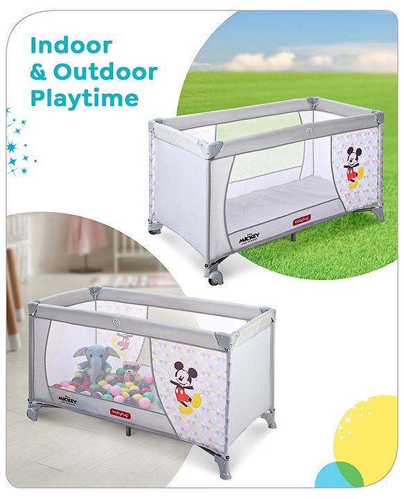 Babyhug Disney Mickey Printed Playpen - Grey