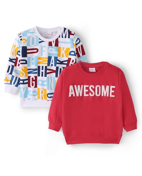 Babyhug Cotton Knit Full Sleeves Sweat Shirts with Text Print Pack of 2 - Multicolour