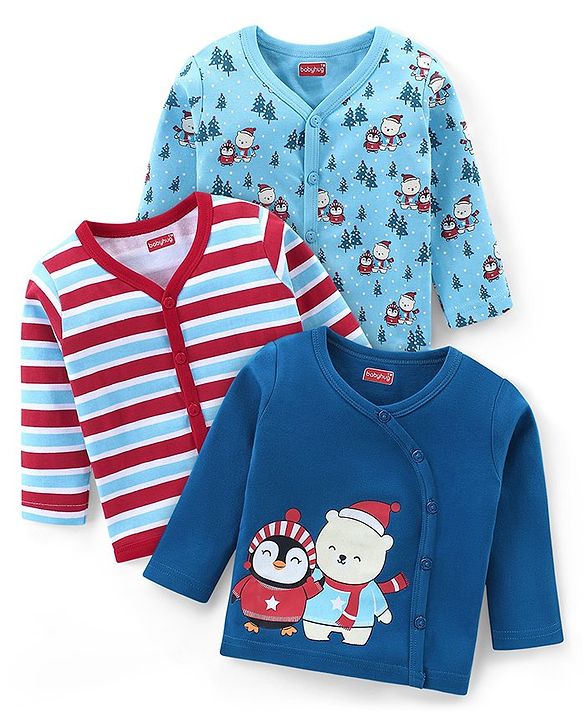 Babyhug Interlock 100% Cotton Knit Full Sleeves Front Open Vests with Bear Penguin & Striped Print Pack of 3 - Blue & Red