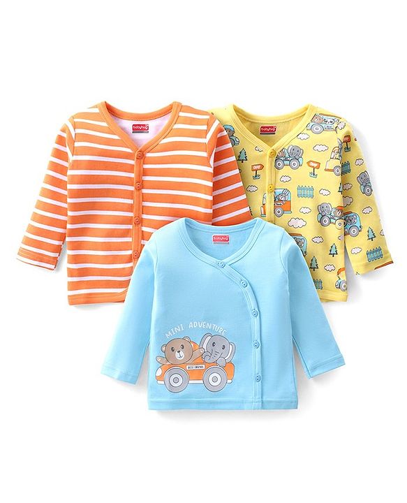 Babyhug 100% Cotton Knit Full Sleeves Front Open Vest Animal Print Pack of 3 - Orange Blue & Yellow