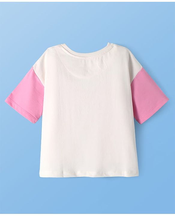 Pine Kids Cotton Knit Half Drop Shoulder Sleeves T-Shirt With Text Print - White