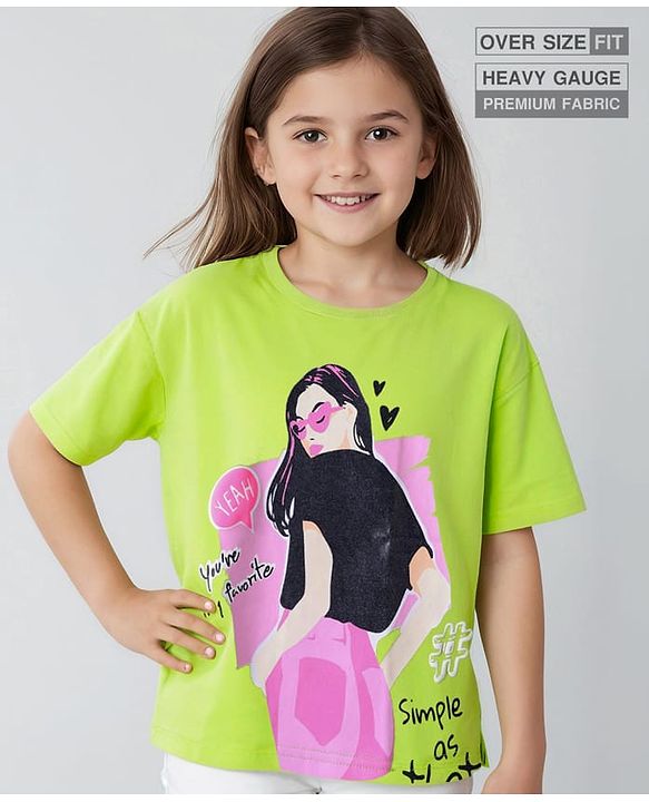 Pine Kids Cotton Knit Half Drop Shoulder Sleeves Oversized T-Shirt with Text Print - Lime Green