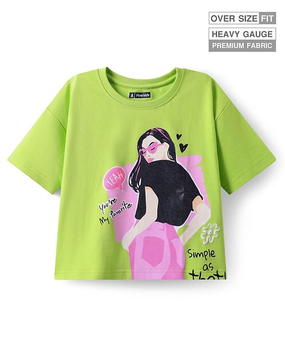 Pine Kids Cotton Knit Half Drop Shoulder Sleeves Oversized T-Shirt with Text Print - Lime Green