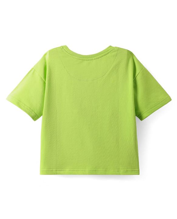 Pine Kids Cotton Knit Half Drop Shoulder Sleeves Oversized T-Shirt with Text Print - Lime Green