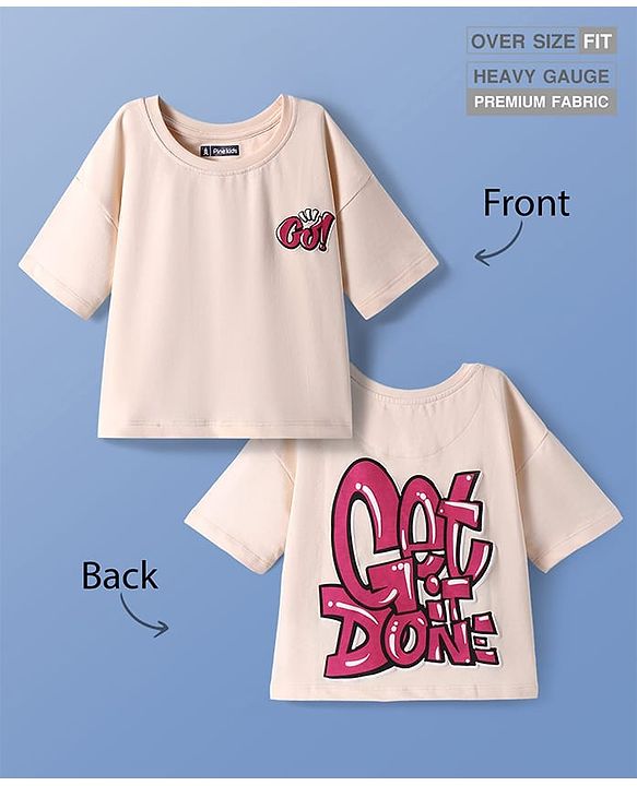 Pine Kids Cotton Knit Half Drop Shoulder Sleeves Text Printed Oversized T-Shirt - Cream