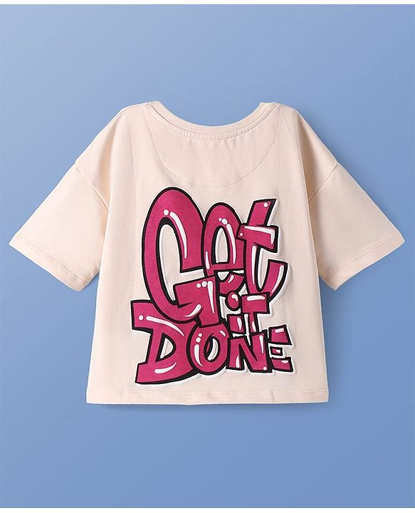 Pine Kids Cotton Knit Half Drop Shoulder Sleeves Text Printed Oversized T-Shirt - Cream
