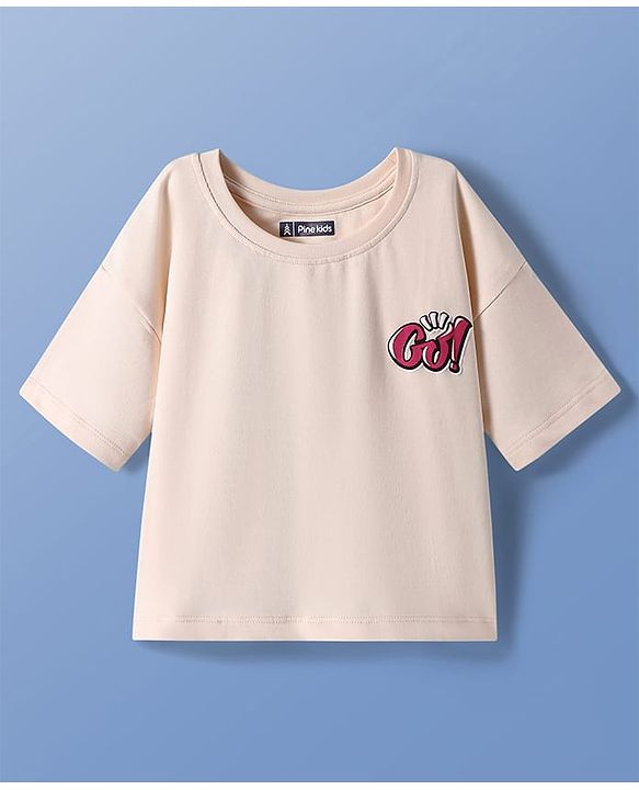 Pine Kids Cotton Knit Half Drop Shoulder Sleeves Text Printed Oversized T-Shirt - Cream