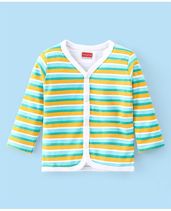 Babyhug 100% Cotton Knit Full Sleeves Front Open Vests with Striped & Frog Print Pack of 3 - Yellow White & Green