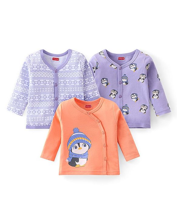 Babyhug 100% Cotton Knit Full Sleeves Penguin Printed Front Open Jhablas Pack Of 3 - Multicolour