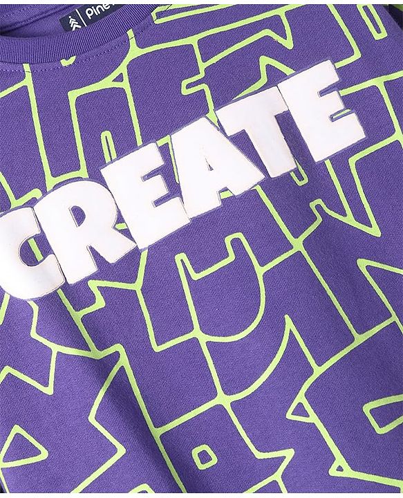 Pine Kids Cotton Knit Half Sleeves T-Shirt With All Over Text Print - Purple