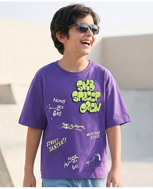 Pine Kids Cotton Knit Half Sleeves T-Shirt With Text Print - Purple