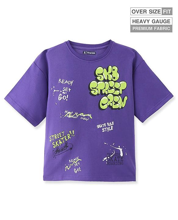 Pine Kids Cotton Knit Half Sleeves T-Shirt With Text Print - Purple