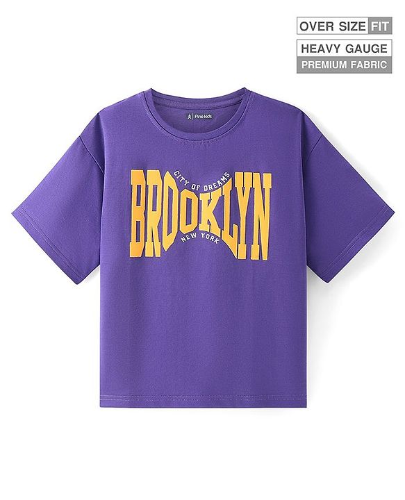 Pine Kids Cotton Knit Half Sleeves Text Printed T-Shirt - Purple