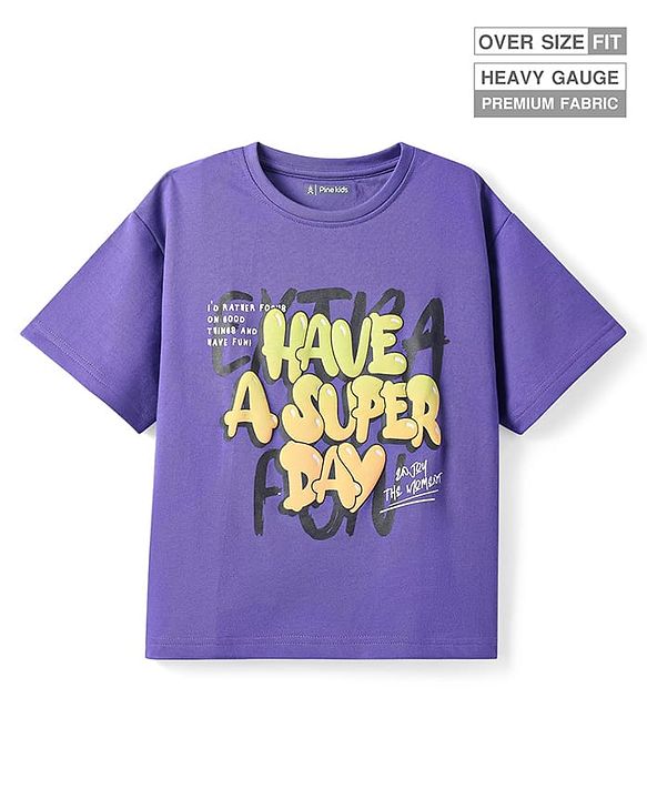 Pine Kids Cotton Knit Half Drop Shoulder Sleeves T-Shirt with Text Print - Purple