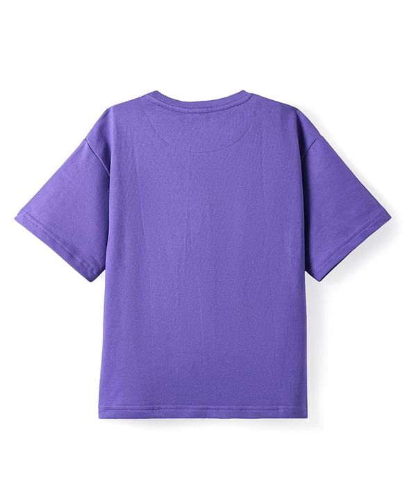 Pine Kids Cotton Knit Half Drop Shoulder Sleeves T-Shirt with Text Print - Purple