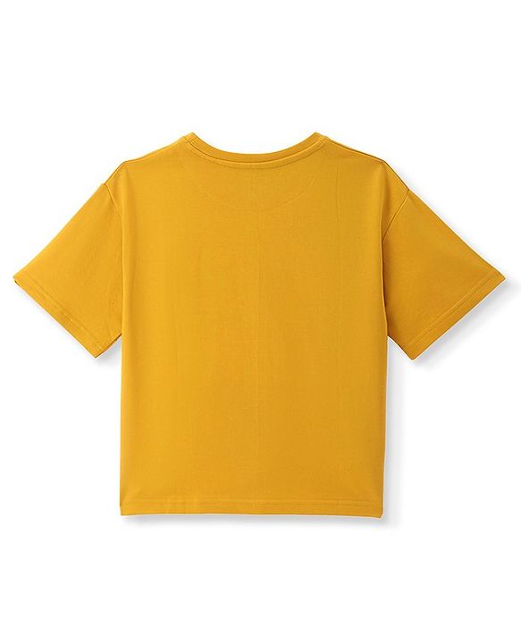 Cotton Half Sleeves Oversize T-shirt with Text Print - Golden