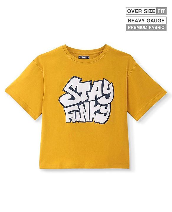 Cotton Half Sleeves Oversize T-shirt with Text Print - Golden