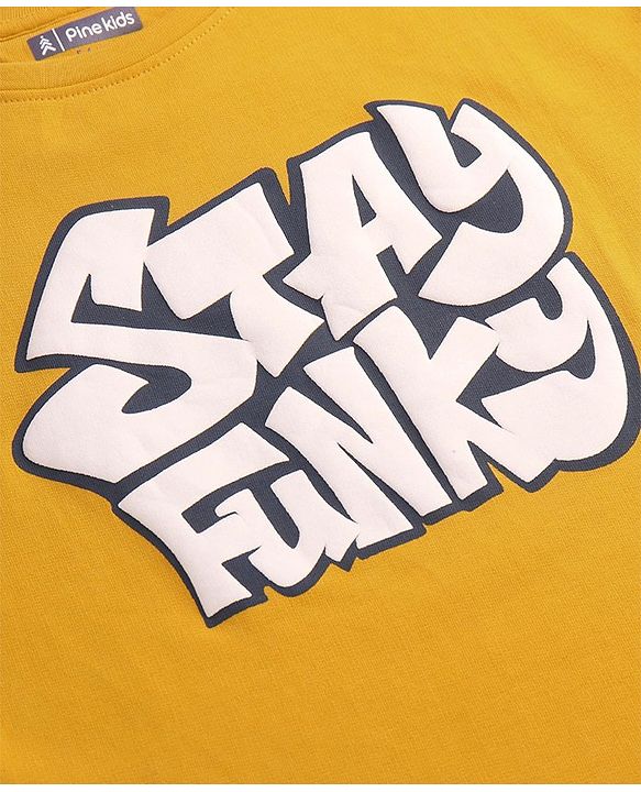 Cotton Half Sleeves Oversize T-shirt with Text Print - Golden
