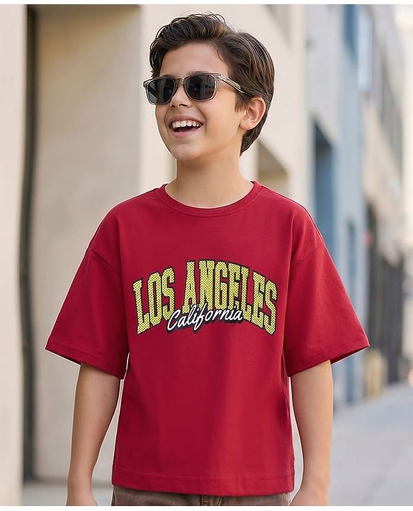 Pine Kids Cotton Knit Half Sleeves Text Printed T-Shirt - Red