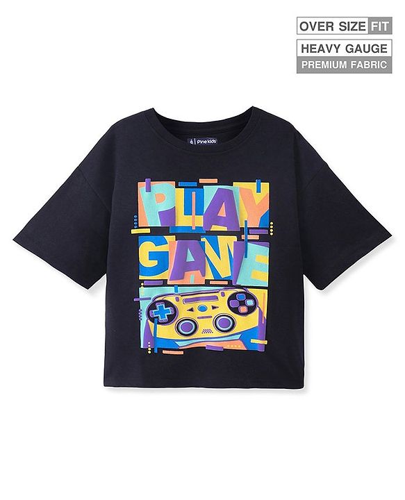 Pine Kids Cotton Knit Half Sleeves Text Printed T-Shirt - Black