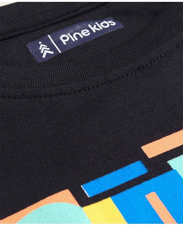 Pine Kids Cotton Knit Half Sleeves Text Printed T-Shirt - Black